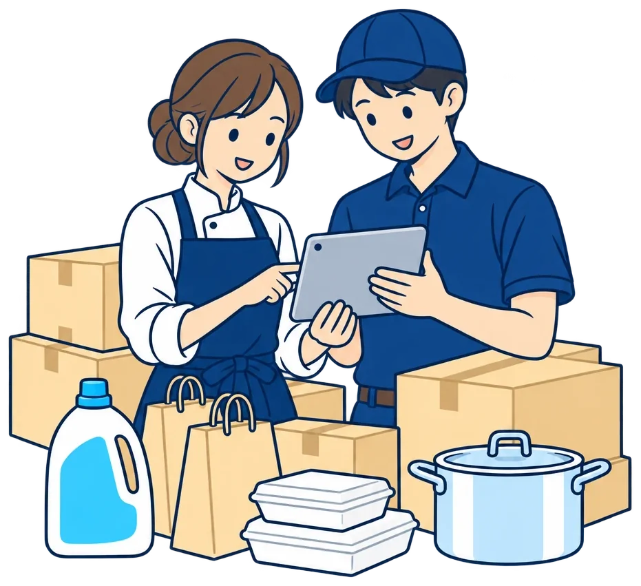 飲食店のスタッフと日本ユーア東海の配達スタッフが納品内容を確認しているイラスト